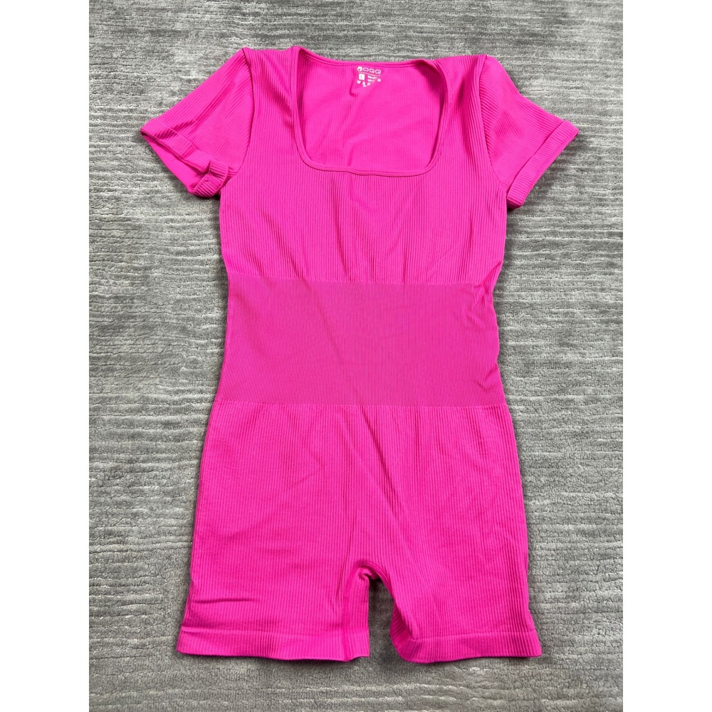 OQQ Romper Womens Large Pink Ribbed Square Neck Short Sleeve Seamless Activewear